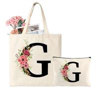 Personalized Initial Cotton Tote Bag, Canvas Reusable Shopping Bags with Makeup Bags, Gifts for Women, Mom, Teachers, Nurses, Best Friends, Bridesmaids, Monogrammed Gifts for Wedding, Birthday(G)