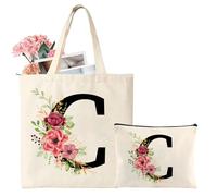 Personalized Initial Cotton Tote Bag, Canvas Reusable Shopping Bags with Makeup Bags, Gifts for Women, Mom, Teachers, Nurses, Best Friends, Bridesmaids, Monogrammed Gifts for Wedding, Birthday(C)