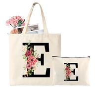 Personalized Initial Cotton Tote Bag, Canvas Reusable Shopping Bags with Makeup Bags, Gifts for Women, Mom, Teachers, Nurses, Best Friends, Bridesmaids, Monogrammed Gifts for Wedding, Birthday(E)