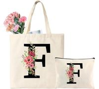 Personalized Initial Cotton Tote Bag, Canvas Reusable Shopping Bags with Makeup Bags, Gifts for Women, Mom, Teachers, Nurses, Best Friends, Bridesmaids, Monogrammed Gifts for Wedding, Birthday(F)