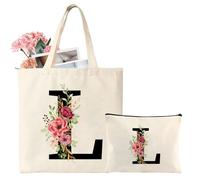 Personalized Initial Cotton Tote Bag, Canvas Reusable Shopping Bags with Makeup Bags, Gifts for Women, Mom, Teachers, Nurses, Best Friends, Bridesmaids, Monogrammed Gifts for Wedding, Birthday(L)