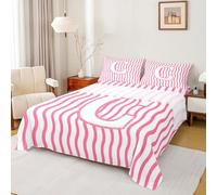 Personalized Initial Letter C Bedding Double Size Kids Abstract Bed Sheets Set For Boys Girls Teens Pink Striped 4 Pieces Sheet With 16 Inch Deep Pockets Microfiber Geometric Room Decor Geometric