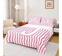 Personalized Initial Letter J Bedding Double Size Kids Abstract Bed Sheets Set For Boys Girls Teens Pink Striped 4 Pieces Sheet With 16 Inch Deep Pockets Microfiber Geometric Room Decor Geometric