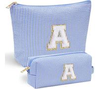 Personalized Initial Makeup Bag for Women | Pink Cosmetic Travel Toiletry Bag | 11 12 13 14 15 16 Years Old Girl Gifts | Preppy Stuff Teen Girl Gift Trendy Stuff A (Blue)