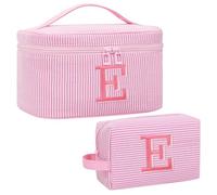 Personalized Initial Makeup Bag with Brush Holder for Women 2PCS,Pink E