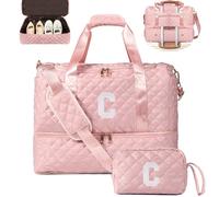 Personalized Initial Travel Bag, Quilted Duffle Bag, Weekender Bag for Women with Cosmetic Bag, Gym Bag with Shoe Compartment, Carry on Overnight Bag, Hospital Bag for Labor Delivery, Pink, C
