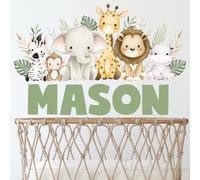 Personalized Jungle Animal Wall Decal with Name - Watercolor Safari Elephant, Lion Stickers for Baby Nursery, Bedroom, or Playroom Decor