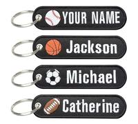 Personalized Keyring, Customized Name Number Keychain with Football, Basketball, Soccer, Baseball, Double Side Embroidery Text Gift Key Tags, Sports Key Chains for Teams Coaches Kids Backpacks Keys