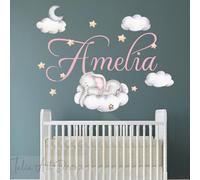 Personalized Kids Name Watercolor Sleeping Elephant Nursery Wall Decals - Baby Shower Crib Decor & Toddler Room Wall Stickers