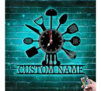 Personalized Kitchen Wall Clocks with Spoons and Forks, Custom Metal Name Light Up LED Black Modern Design Cutlery Kitchen Utensil Spoon Fork Wall Clock Wall Sticker Room Home Decoration (Style 2)