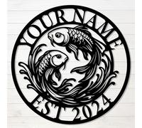 Personalized Koi Fish Metal Sign - Custom Name Wall Art with Double Koi Design - Iron Decoration for Garden, Patio, Pond Area, Zen Space, or Home Entrance (Design-D)