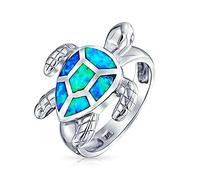 Personalized Large Nautical Tropical Beach Vacation Iridescent Blue Created Opal Inlay Sea Tortoise Turtle Ring For Women Teen .925 Sterling Silver