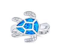 Personalized Large Nautical Tropical Beach Vacation Iridescent Blue Created Opal Inlay Sea Tortoise Turtle Ring For Women Teen .925 Sterling Silver