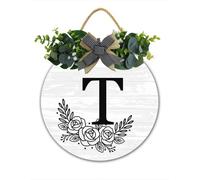 Personalized Last Name Front Door Wreath, T Letter Wooden Welcome Sign for Rustic Farmhouse Spring Summer Fall Winter - New Home Housewarming Wedding Gift 30 CM Wooden Hanging