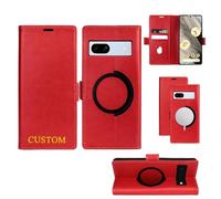 Personalized Leather Case for Google Pixel 9 8 7 6 Pro XL/9a 8a 7a 6a Custom Initials Name Text Card Holder Kickstand with RFID Blocking Wallet Magnetic Protective Shockproof Flip Cover Red for Gift