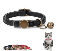 Personalized Leather Cat Collar Breakaway with Bell, Adjustable Customized Collar with Name & Phone Number Tag for Girl Boy Cats and Puppy, Vintage Style Leather Breakaway Cat Collar (Black)