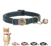 Personalized Leather Cat Collar Breakaway with Bell and Engraved Buckle, Adjustable Custom Kitten Neckband with Name Tag & Phone Number, Retro Jet Black (Green)