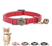 Personalized Leather Cat Collar Breakaway with Bell and Engraved Buckle, Adjustable Custom Kitten Neckband with Name Tag & Phone Number, Retro Jet Black (Red)