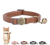 Personalized Leather Cat Collar Breakaway with Bell and Engraved Buckle, Adjustable Custom Kitten Neckband with Name Tag & Phone Number, Retro Jet Black (Brown)