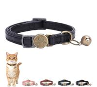 Personalized Leather Cat Collar Breakaway with Bell and Engraved Buckle, Adjustable Custom Kitten Neckband with Name Tag & Phone Number, Retro Jet Black (Black)