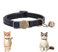 Personalized Leather Cat Collar Breakaway with Bell and Engraved Buckle, Adjustable Durable Genuine Leather Kitten Collar with Removable Safety Bell (Black)
