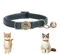 Personalized Leather Cat Collar Breakaway with Bell and Engraved Buckle, Adjustable Durable Genuine Leather Kitten Collar with Removable Safety Bell (Green)