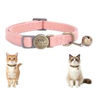 Personalized Leather Cat Collar Breakaway with Bell and Engraved Buckle, Adjustable Durable Genuine Leather Kitten Collar with Removable Safety Bell (Pink)