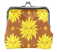 Personalized Leather Coin Pouch Women Girl Yellow Suns Crescent Moons Brown Kiss Lock Money Change Pouch, Yellow Suns Crescent Moons Brown, Classic, Yellow Suns Crescent Moons Brown, Classic