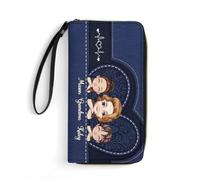 Personalized Leather Long Wallet with Family Name and Cartoon Figure Print Custom Grandma Name Bifold Wallet Gift For Grandma Mother From Grandkids Grandma's Garden Sweethearts Custom Women's Gift