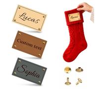 Personalized Leather Name Tags for Christmas Stockings and Knitwear-Custom Engraved Text/Names with Vintage Rivets, for Xmas Decorations, Scarves, Gloves, and Bags (Text Label)