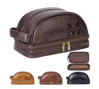 Personalized Leather Toiletry Bag for Men - Double Layer Reinforced Handle,Large Water Resistant Shaving Dopp Kit, Chocolate, Mordern