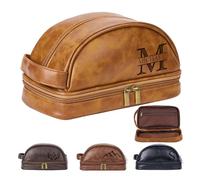 Personalized Leather Toiletry Bag for Men - Double Layer Reinforced Handle,Large Water Resistant Shaving Dopp Kit,Gift for Groomsmen,Father's Day,Wedding, Yellowish Brown, Style C, Morden, Yellowish