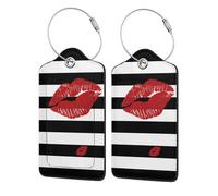 Personalized Luggage Tags for Suitcases, 4-Pack Waterproof Leather Luggage Identifier with Privacy Cover, Red Mouth Black White Stripes, Soft Bendable RFID Blocking Suitcase Id Tag for Travel, 4 PCS