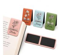 Personalized Magnetic Bookmark with Name and 12 Birth Flower Line Art | Leather,Custom Bookmark for Women Men Kids Book Lover Teacher Classmate Couple,7 Colors, Christmas Valentine's Day