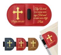 Personalized Magnetic Leather Bookmark with Pen Holder -Bible Verse Scripture Design,Custom Engraved Book Mark for Christian,Book Lovers,Women & Men(Red,Psalm 119：105)