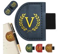 Personalized Magnetic Leather Bookmark with Pen Holder, Bygone Mark Custom 26 Letters Initial Book Marker Clip, Vintage Leather Page Marker for Book Lovers, Students, Teachers, Readers Gift(Blue,V)