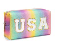 Personalized Makeup Bag for Girls,Preppy Patch FUN SUN POP VIP WOW DIY LOL Letters Cosmetic Toiletry Bag,PU Leather Travel Waterproof Bag with Zipper,Birthday Gifts for Girls Women Kids Daughter