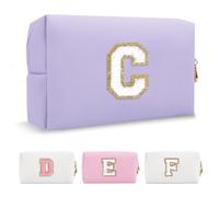 Personalized Makeup Bag Initial A-Z Preppy Patch Bag,Small PU Leather Travel Cosmetic Bag Pouch with Zipper,Purple Cute Toiletry Bag,Gift Ideal for Teen Girls Women Birthday Friend Mom,Latter C