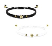 Personalized Matching Bracelets for Couples, Gold Letter Woven Bracelet, Custom Handmade Initial Letter Adjustable Braided Bracelets Set for Valentine's Day Gift, Black White, 26 English Letters