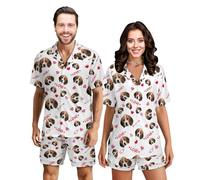 Personalized Matching Pajamas Set for Couple Her His Custom Pet Photo Short Sleeve Button Down Sleepwear Cat Dog's Face V-Neck Sleepwear Funny Loungewear for Christmas Anniversary Birthday New Year