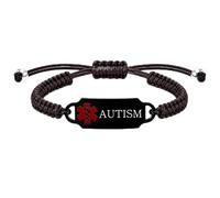 Personalized Medical Alert Bracelet, Custom Engraved Text or Editable QR Code Medical ID Bracelet, Adjustable Braided Emergency Identification Wristband, Suitable for Daily Wear(Coffee-AUTISM)