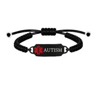 Personalized Medical Alert Bracelet, Custom Engraved Text or Editable QR Code Medical ID Bracelet, Adjustable Braided Emergency Identification Wristband, Suitable for Daily Wear(Black-AUTISM)