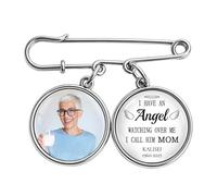 Personalized Memorial Photo Safety Pin, I Have An Angel Watching Over Me I Call Her Mom Charm Brooch, Custom Photo Bouquet Charm, Remembrance Keepsake Gifts for Wedding, Funeral, Loss of Loved One