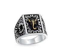 Personalized Men's Large Zodiac Horoscope Scorpion Signet Statement Ring For Men Black Two Tone Brass Patina Solid.925 Silver Handmade In Turkey Customizable