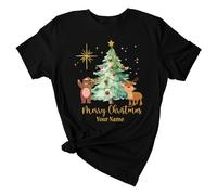 Personalized Merry Christmas Tree Reindeer & Bear T-Shirt Custom Name Holiday Graphic Tee Matching Family Xmas Animal Shirt for Adults & Kids Matching Xmas Outfit Black