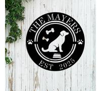 Personalized Metal Dog Kennel Sign, Custom Metal Dog Name Sign, Round Black Wall Decor (Crest)