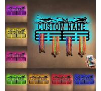 Personalized Metal Swim Medal Hanger Holder Display Rack for Awards Ribbons With LED Light- Custom Sports Swimming Medal Holder for Wall,Swimming Medal Hanger Display Rack With Boy Girl Kid's Name