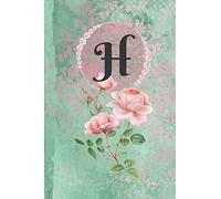 Personalized Monogrammed Letter H Journal: White Paper with Green and Pink Damask Lace with Roses on Glossy Cover