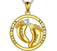 Personalized Mother Yellow Gold Necklace with Birthstone, Customizable with 2 Names Custom Footprint Pendant Necklace Designed for Mothers/Daughters/Sisters， Mother's Day Custom Family Jewelry