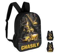 Personalized Name Engineering Vehicles Theme Backpack Custom Excavators Bulldozer Crane Backbag 17 in Adjustable Strap Outdoor Travel Daypack for Engineering Vehicles Fans Car Lover